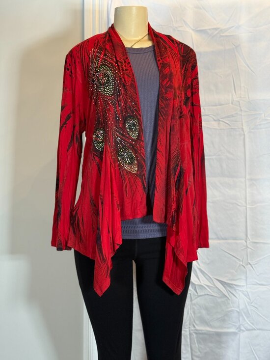 Jostar Jackets & Blazers - Jostar Red Peacock Feather Print Jacket Women's L